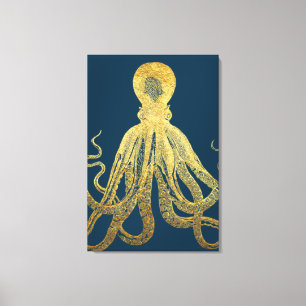 Vintage Gold Mitternachtsblauer Oktopus Aquarell Leinwanddruck