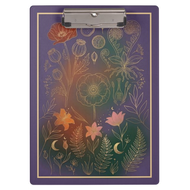 Vintage Gold Mohnblume & Farn Dunkle Botanik Büroa Klemmbrett (Vorderseite)