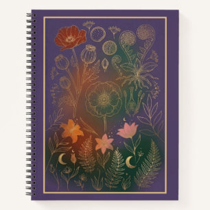 Vintage Gold Mohnblume & Farn Dunkles Botanisches  Notizbuch