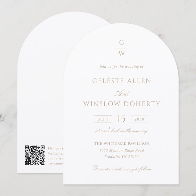 Vintage-Gold-Monogramm-Klassische-QR-Code-Hochzeit Einladung (Vorne/Hinten)