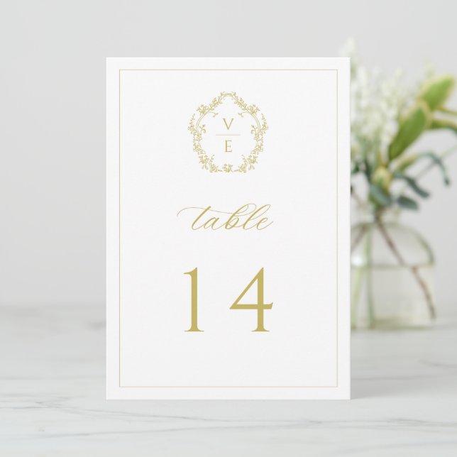 Vintage-Gold-Monogrammwappen-Hochzeitstischnummer Programm (Stehend Vorderseite)