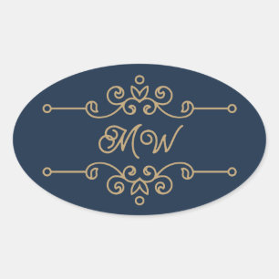 Vintage Gold & Navy Blau Elegantes Monogramm mit f Ovaler Aufkleber