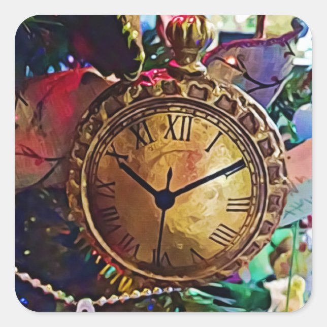 Vintage Gold Pocket Uhr Weihnachten Quadratischer Aufkleber (Vorderseite)