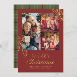 Vintage Gold Red Kariert Script 3-Fotos Feiertagskarte