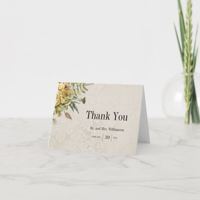 Vintage Gold-Rose Rustikale Damaskus-Hochzeit Dankeskarte (Vorderseite)
