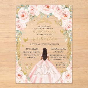Vintage Gold Schimmer Rosa Blumenkleid Quinceañera Acryleinladungen