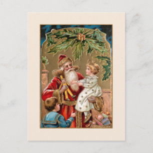 Vintage Gold verzierter Weihnachtsmann mit Kindern Postkarte
