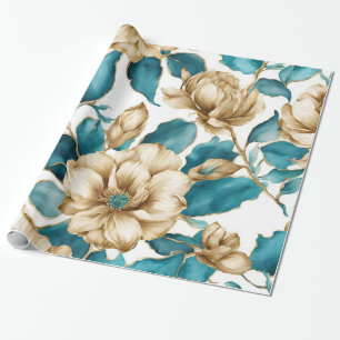 Vintage Gold Weiß Teal Blumenmuster Blume Geschenkpapier