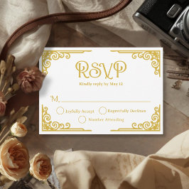 Vintage Gold White Wedding  RSVP Karte