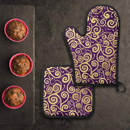 Vintage Gold Wirbel Muster Chic Lila Eggpflanze Ofenhandschuh & Topflappen-Set