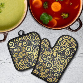 Vintage Gold Wirbel Muster Luxus Holzkohle Grau Ofenhandschuh & Topflappen-Set