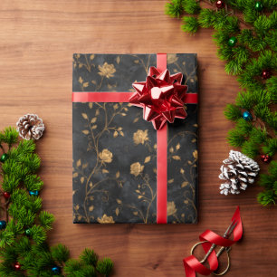 Vintage-Goldblumen mit schwarzem Hintergrund und A Geschenkpapier
