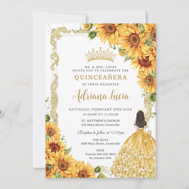 Vintage Goldblütenprinzessin Quinceañera Einladung (Vorderseite)