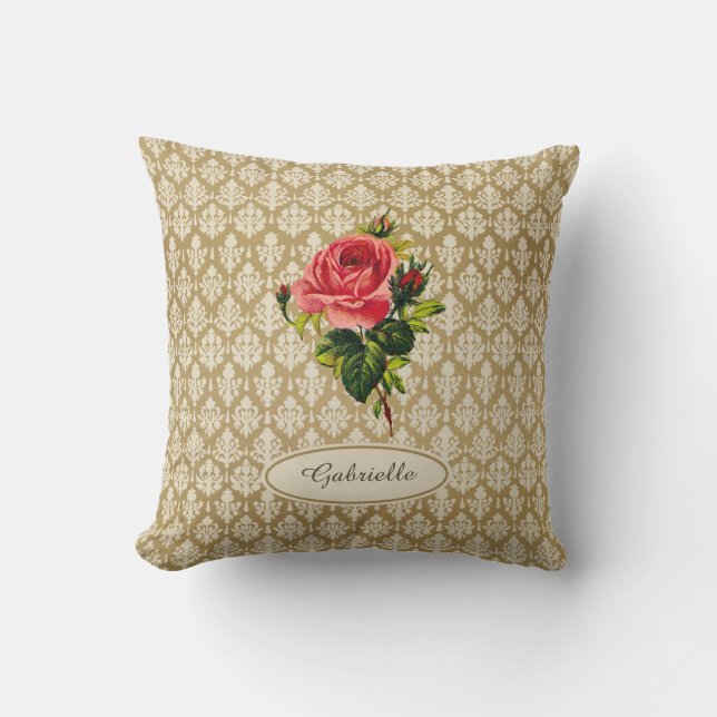 Vintage Golddamast-Muster-Rosa-Rose und Name Kissen (Vorderseite)