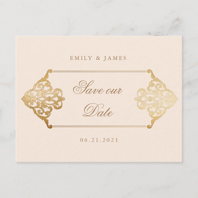 Vintage Golddekoration Save the Date Postkarte (Vorderseite)