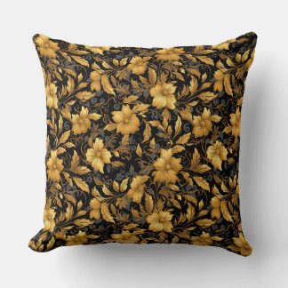 Vintage Golden Floral Throw Pillow – Elegant Black Kissen