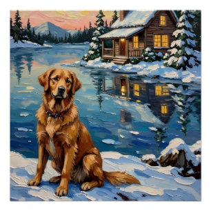 Vintage Golden Retriever am Seeufer zu Weihnachten Poster