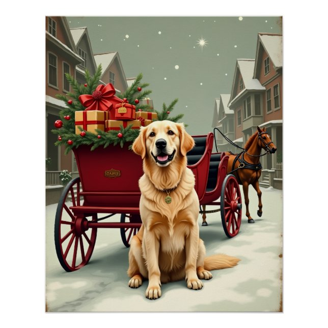 Vintage Golden Retriever Christmas Carriage Illust Poster (Vorderseite)