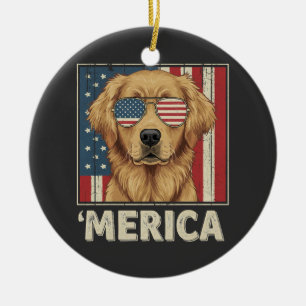 Vintage Golden Retriever 'Merica-Flagge Keramik Ornament