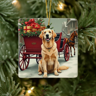 Vintage Golden Retriever Weihnachts-Kutsche Illust Keramikornament