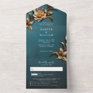 Vintage goldene Blätter RSVP beigefügte Hochzeit All In One Einladung