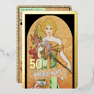 Vintage Goldene Frühlingsgöttin, Mucha, 50. Geburt Folieneinladung