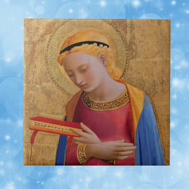 Vintage Goldene Heilige Abbildung Fliese (Christian religious female figure golden halo holding book on decorative ceramic tile.)