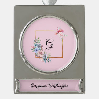 Vintage goldene mehrfarbige Blumen Monogramm Text Banner-Ornament Silber