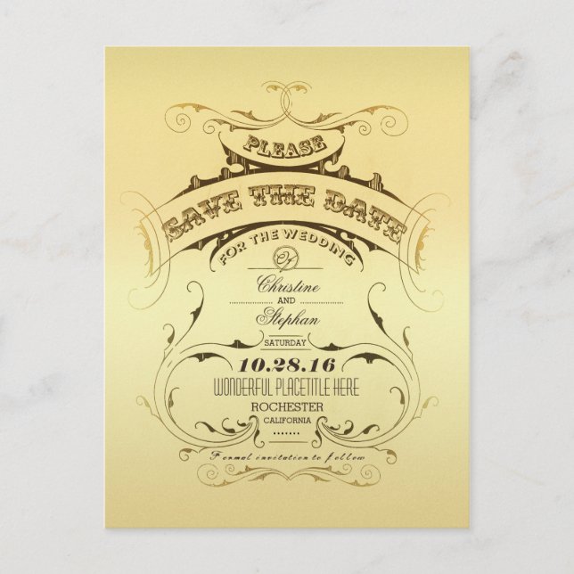 Vintage goldene Save the Date Postkarte (Vorderseite)