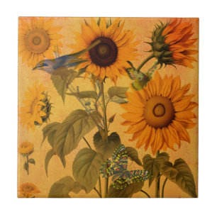 Vintage Goldene Sonnenblumen Collage Fliese