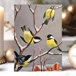 Vintage Goldfinch Birds Winterlandschaft Feiertagskarte<br><div class="desc">Vintage American Goldfinch Birds Winter Scene Holiday Card. Dieses Design zeigt schöne schwarz-goldene Goldflossenvögel auf einem schneebedeckten Baumzweig. Was für eine schöne Retro-Urlaubsszene! Personalisieren Sie dieses maßgeschneiderte Design mit Ihrem eigenen Gruß.</div>