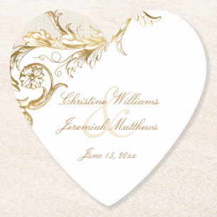 Vintage Goldflorale Damaskus Script White Wedding Untersetzer