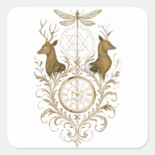 Vintage Goldhirsch und Libelle Ästhetik All-Over Quadratischer Aufkleber