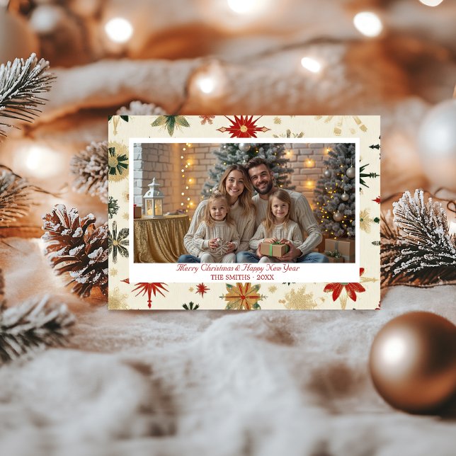 Vintage Goldschneeflocken Foto Ferienkarte Feiertagskarte (Vintage Gold Snowflakes photo Flat Holiday Card)