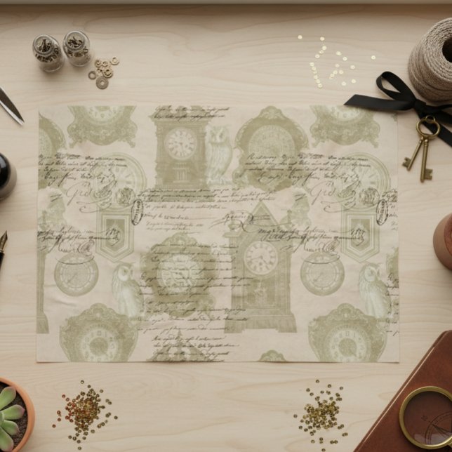 Vintage Goth Decoupage Clock Owl Seidenpapier (Von Creator hochgeladen)