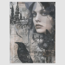 Vintage-Goth-Girl- und Raben-Decoupage Seidenpapier
