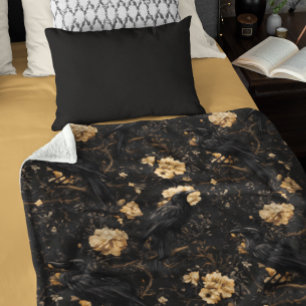 Vintage Goth Rabe Krähe Rosen Fleecedecke