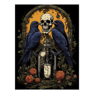 Vintage-Goth-Skelett-Totenkopf-Rabe-Gift-Halloween Poster