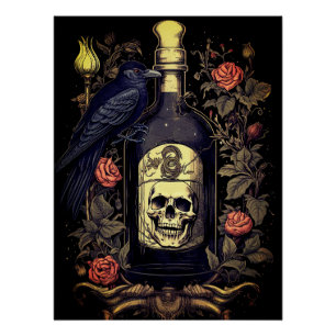 Vintage-Goth-Skelett-Totenkopf-Rabe-Gift-Halloween Poster