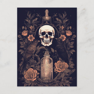 Vintage-Goth-Skelett-Totenkopf-Rabe-Gift-Halloween Postkarte