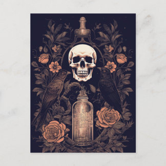 Vintage-Goth-Skelett-Totenkopf-Rabe-Gift-Halloween Postkarte