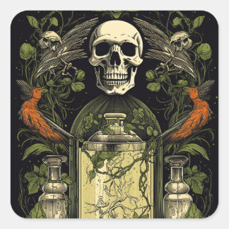 Vintage-Goth-Skelett-Totenkopf-Rabe-Gift-Halloween Quadratischer Aufkleber