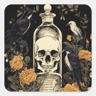 Vintage-Goth-Skelett-Totenkopf-Rabe-Gift-Halloween Quadratischer Aufkleber