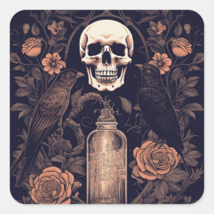 Vintage-Goth-Skelett-Totenkopf-Rabe-Gift-Halloween Quadratischer Aufkleber