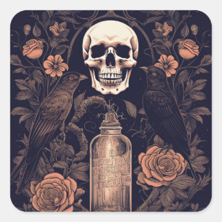 Vintage-Goth-Skelett-Totenkopf-Rabe-Gift-Halloween Quadratischer Aufkleber