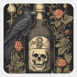Vintage-Goth-Skelett-Totenkopf-Rabe-Gift-Halloween Quadratischer Aufkleber