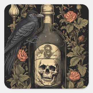 Vintage-Goth-Skelett-Totenkopf-Rabe-Gift-Halloween Quadratischer Aufkleber