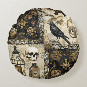 Vintage Goth Skulls und Birdcages Rundes Kissen