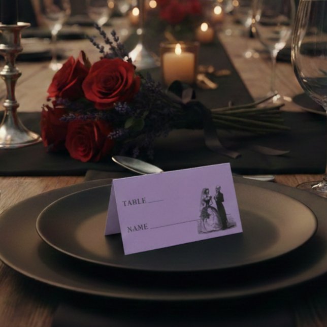 Vintage Gothic Black Toile Skeleton Purple Wedding Platzkarte (Von Creator hochgeladen)