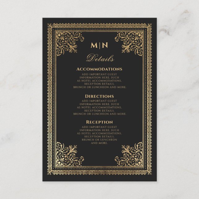 Vintage Gothic Gold Viktorianische Hochzeitdetails Begleitkarte (Vorderseite)